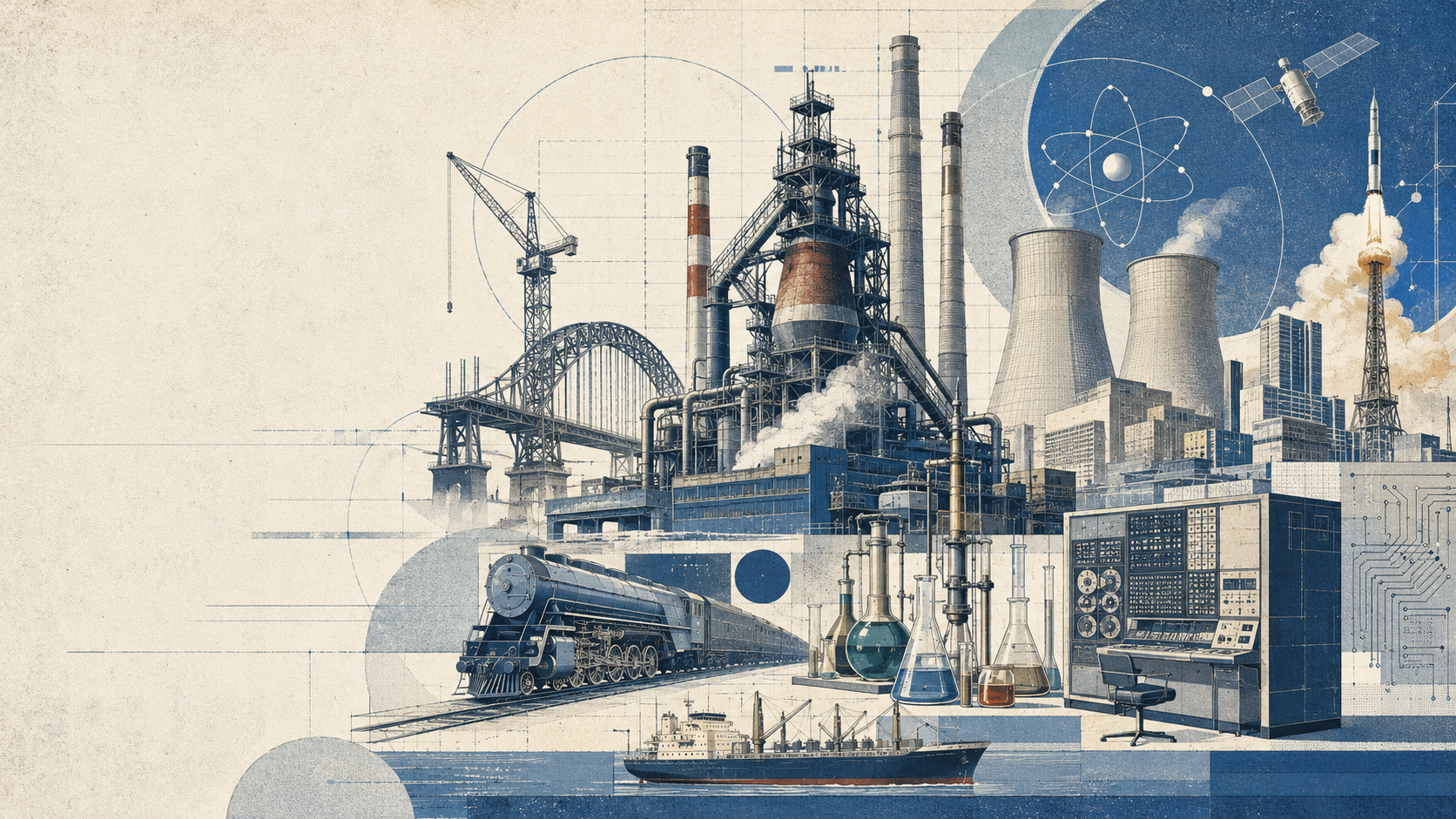 Industrial illustration featuring steelmaking, construction, nuclear power, and space exploration