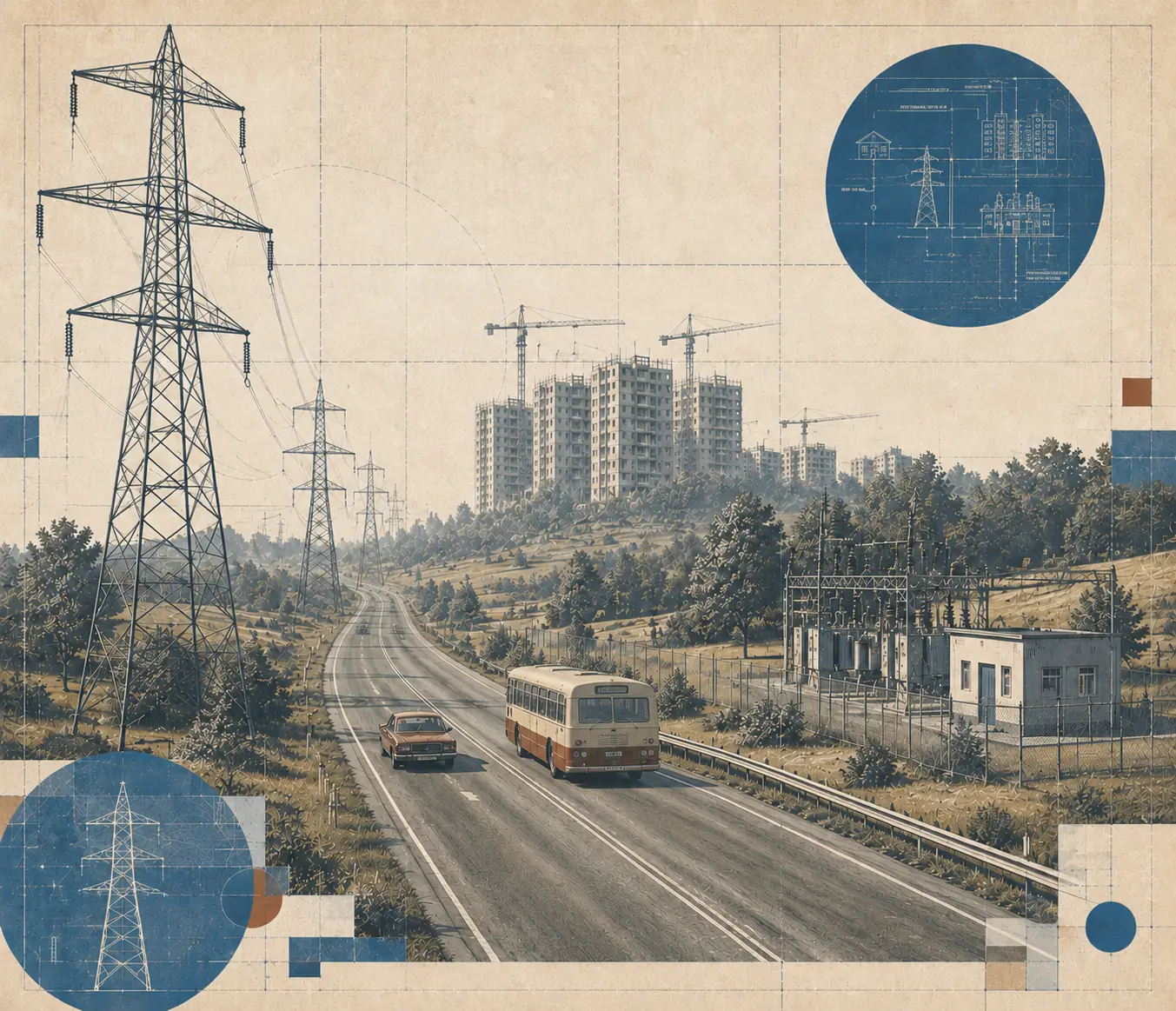Energy and transport infrastructure, power lines, and housing construction